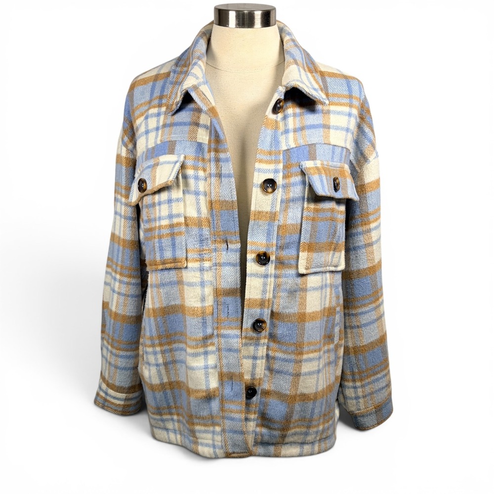 LELIS Women's Light Blue Plaid Oversized Shacket, Small